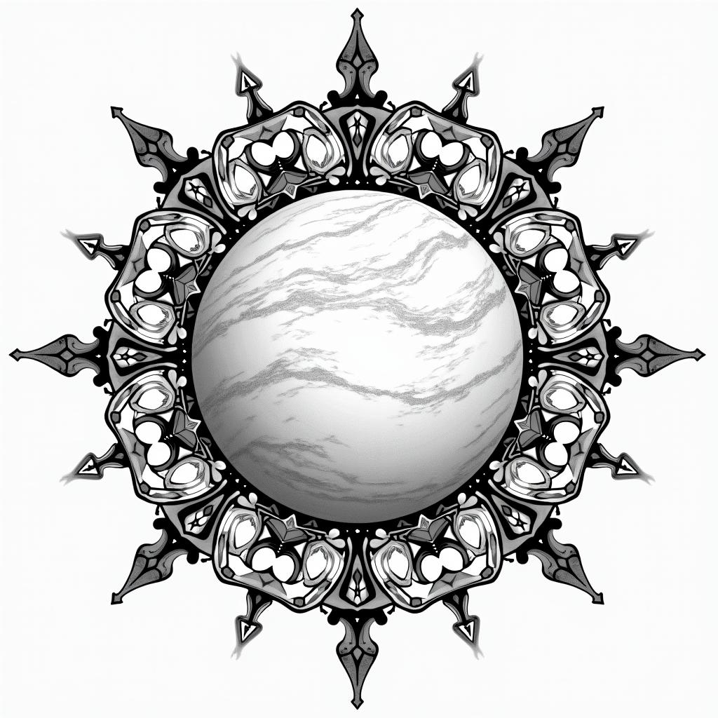 Planet with dancing girls around itin dotwork style tattoo, complex mandala patterns, interlocking geometric shapes with sharp symmetry, clean lines, sharp angles - Variation 3