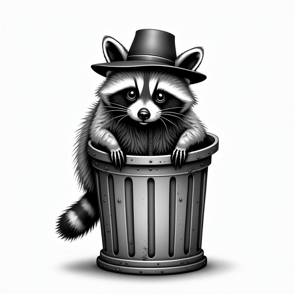 Raccoon with a hat in a garbage cantattoo in biomechanic style, the tattoo covered by robotic elements of futuristic cyberpunk design, robotic features detail, showcasing intricate mechanical components - Variation 4