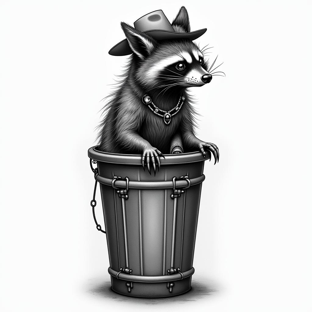 Raccoon with a hat in a garbage cantattoo in biomechanic style, the tattoo covered by robotic elements of futuristic cyberpunk design, robotic features detail, showcasing intricate mechanical components - Variation 3