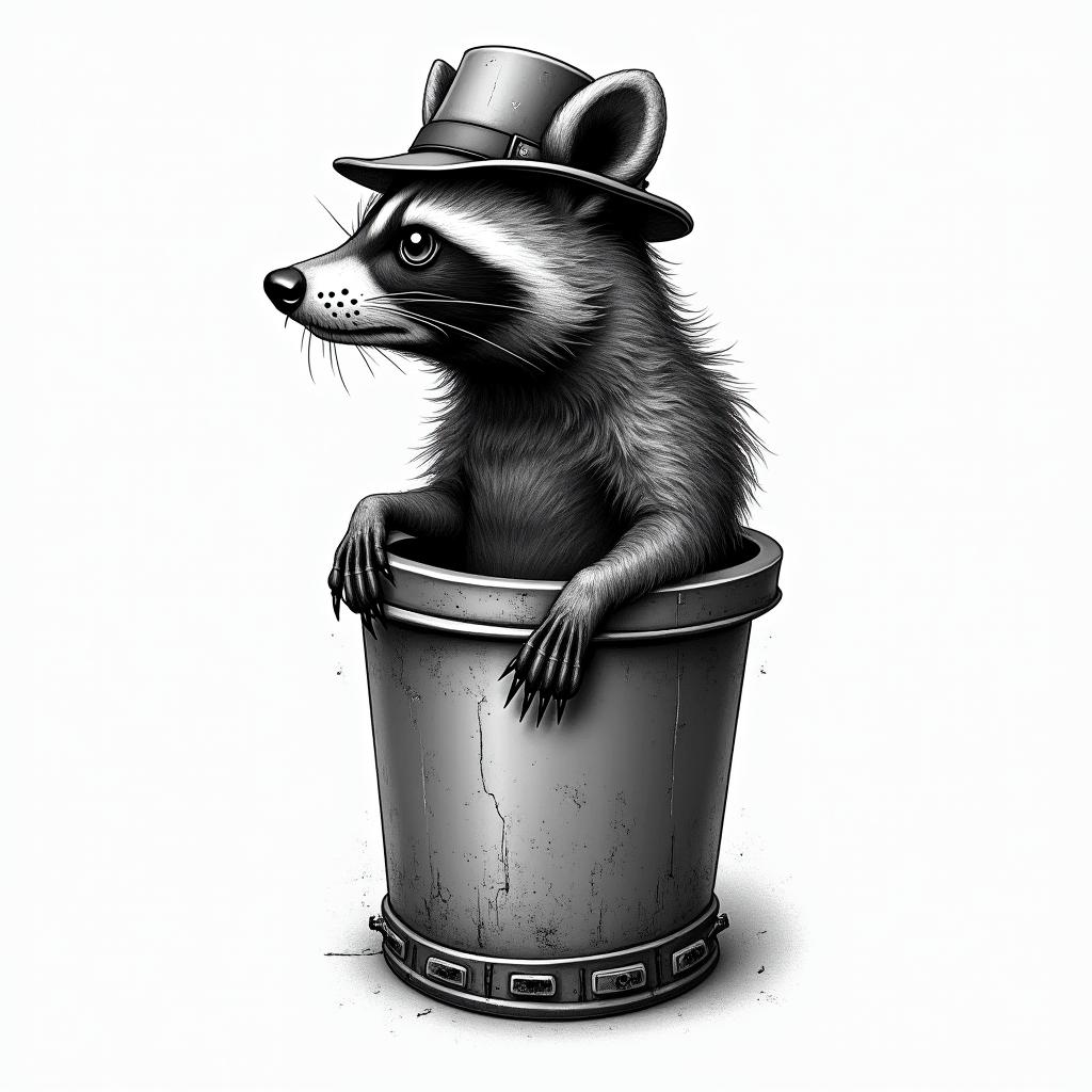 Raccoon with a hat in a garbage cantattoo in biomechanic style, the tattoo covered by robotic elements of futuristic cyberpunk design, robotic features detail, showcasing intricate mechanical components