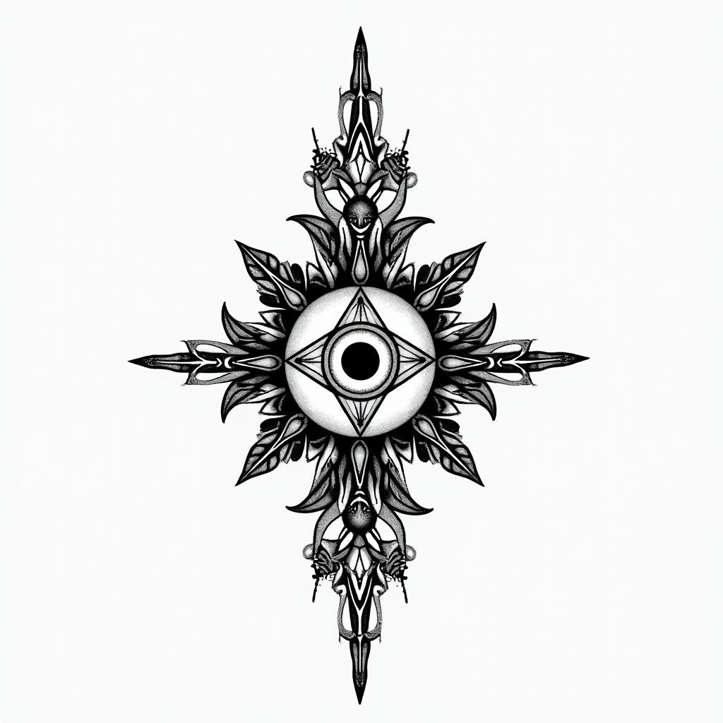 Brandon Lehmann - Gemini - South Africain spiritual symbols tattoo style, featuring an intricate design incorporating elements, Hamsa hand, third eye, minimalist composition