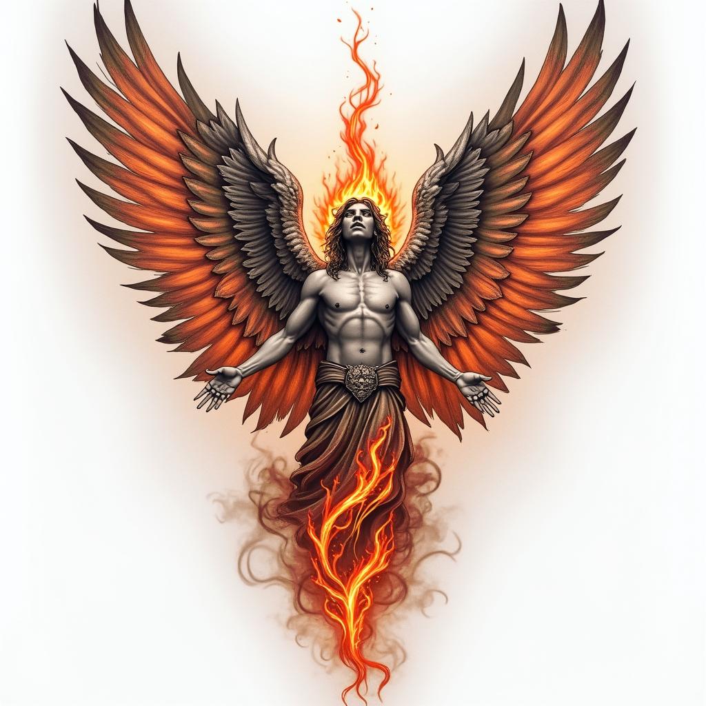 St.Michaels the archangel tattoo on the forearm all the way around fill it outin flame tattoo style showcasing fiery elements with dynamic flame patterns, glowing effect of flames, natural colors - Variation 2