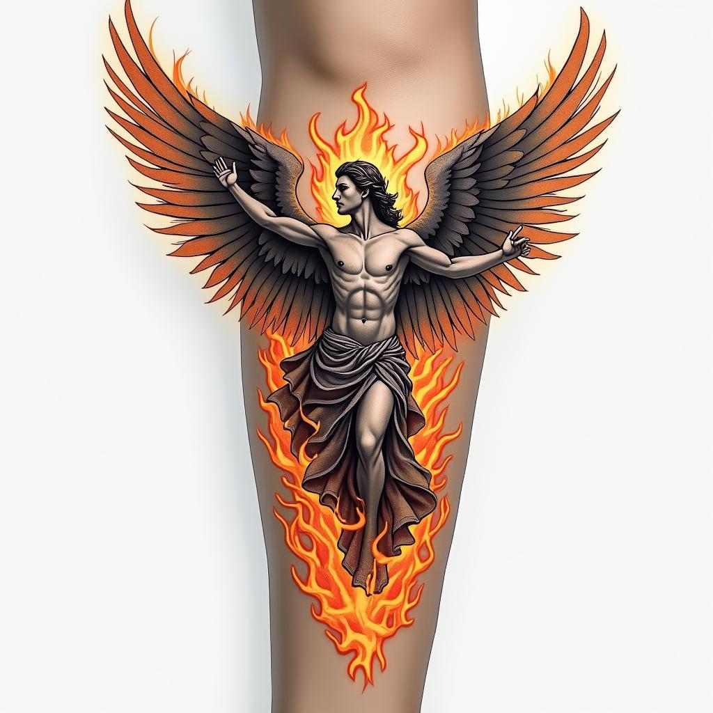 St.Michaels the archangel tattoo on the forearm all the way around fill it outin flame tattoo style showcasing fiery elements with dynamic flame patterns, glowing effect of flames, natural colors - Variation 4
