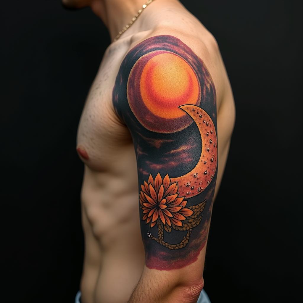 Sun and moon intertwined, glowingin realism tattoo style, featuring a highly detailed, lifelike, capturing every detail, photorealistic, ultra realistic, intricate shading, smooth and sharp, - Variation 12