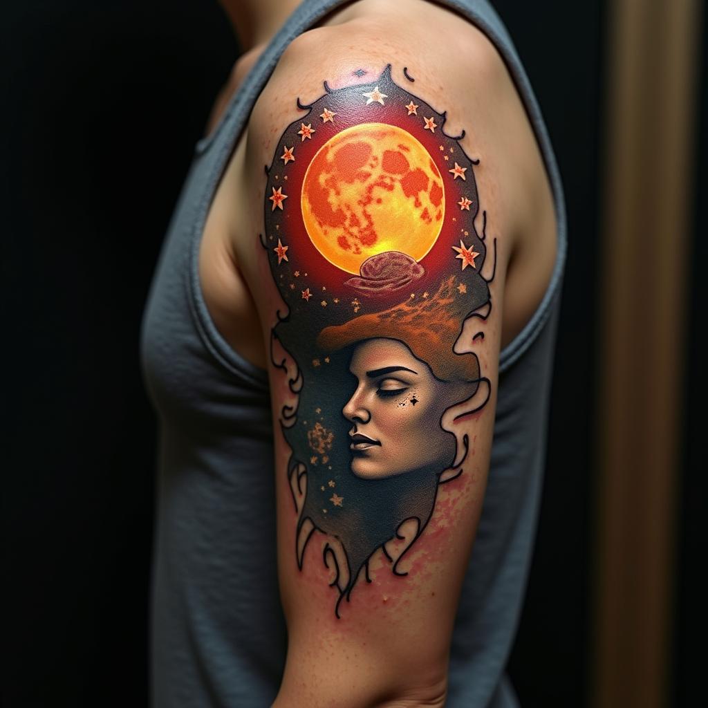 Sun and moon intertwined, glowingin realism tattoo style, featuring a highly detailed, lifelike, capturing every detail, photorealistic, ultra realistic, intricate shading, smooth and sharp, - Variation 9