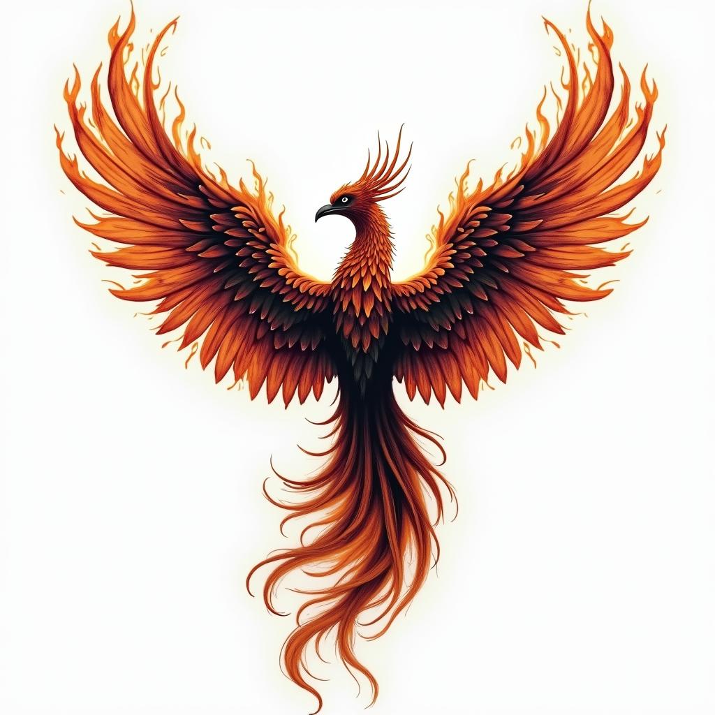Phenix wings back tattooin flame tattoo style showcasing fiery elements with dynamic flame patterns, glowing effect of flames, natural colors