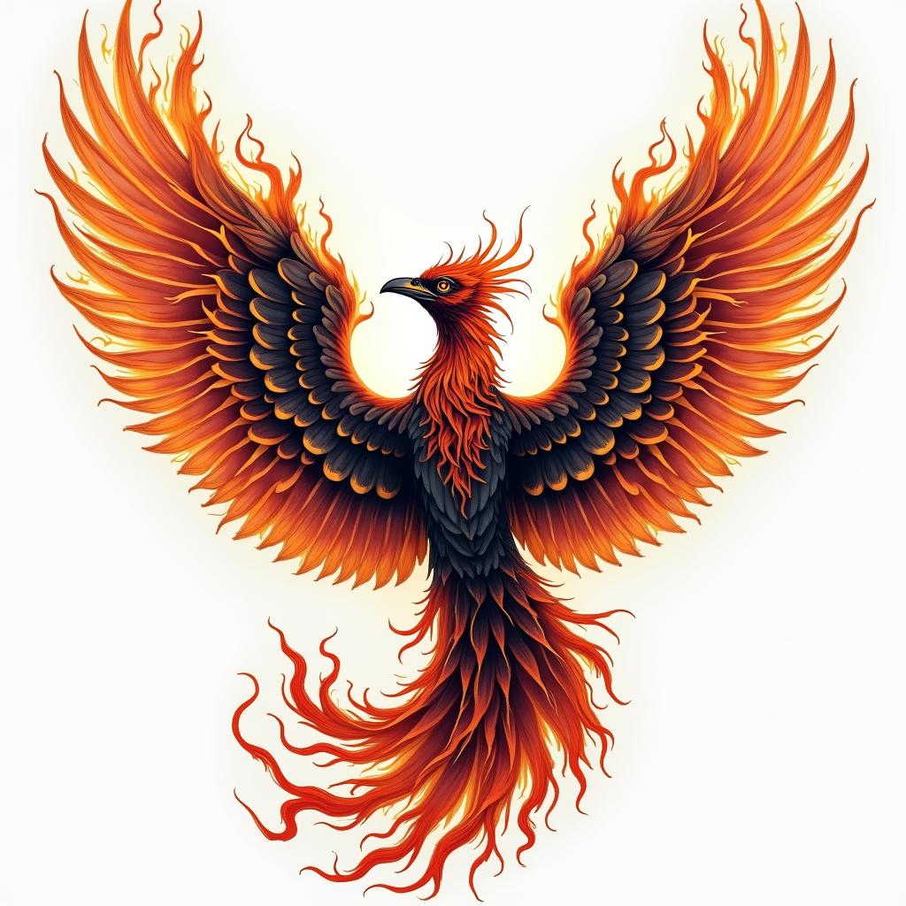 Phenix wings back tattooin flame tattoo style showcasing fiery elements with dynamic flame patterns, glowing effect of flames, natural colors - Variation 2