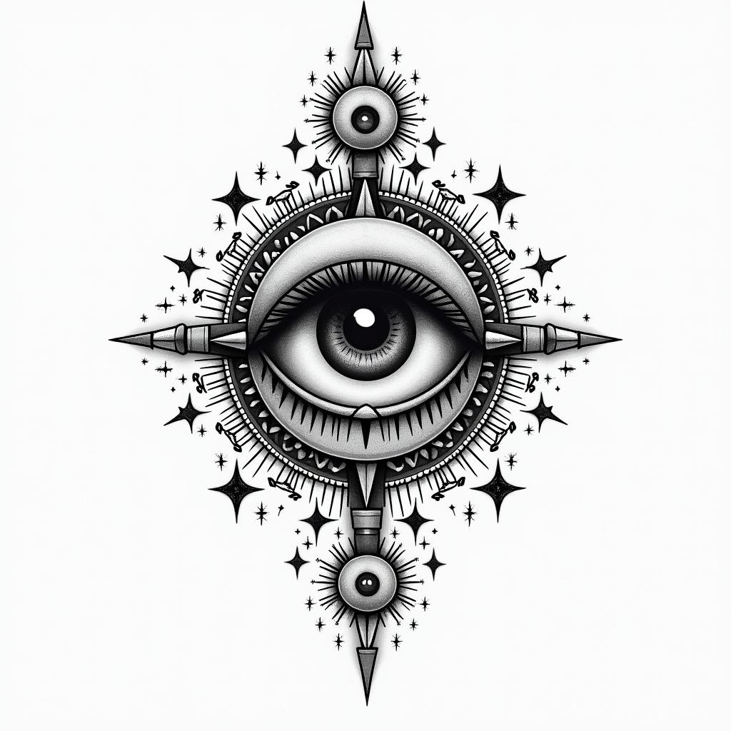 Brandon Lehmann - Gemini - South Africain prophecy tattoo style, featuring mystical symbols, celestial imagery like stars, moons, suns, geometric patterns, foretelling elements, an eye of wisdom - Variation 2