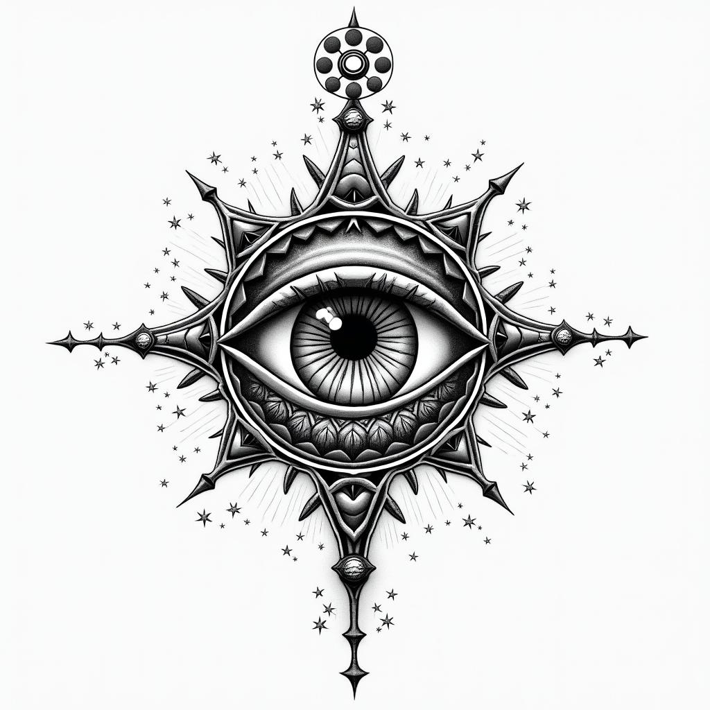 Brandon Lehmann - Gemini - South Africain prophecy tattoo style, featuring mystical symbols, celestial imagery like stars, moons, suns, geometric patterns, foretelling elements, an eye of wisdom