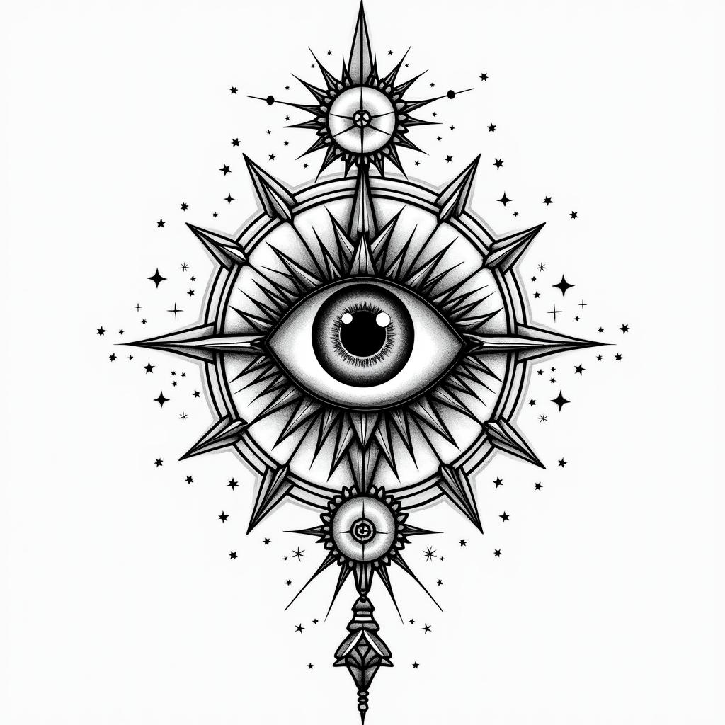 Brandon Lehmann - Gemini - South Africain prophecy tattoo style, featuring mystical symbols, celestial imagery like stars, moons, suns, geometric patterns, foretelling elements, an eye of wisdom - Variation 4