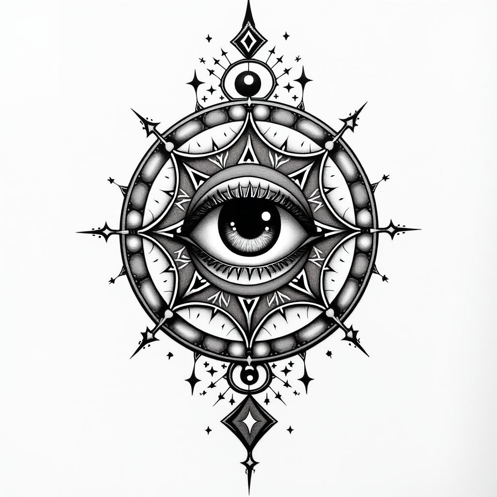 Brandon Lehmann - Gemini - South Africain prophecy tattoo style, featuring mystical symbols, celestial imagery like stars, moons, suns, geometric patterns, foretelling elements, an eye of wisdom - Variation 3