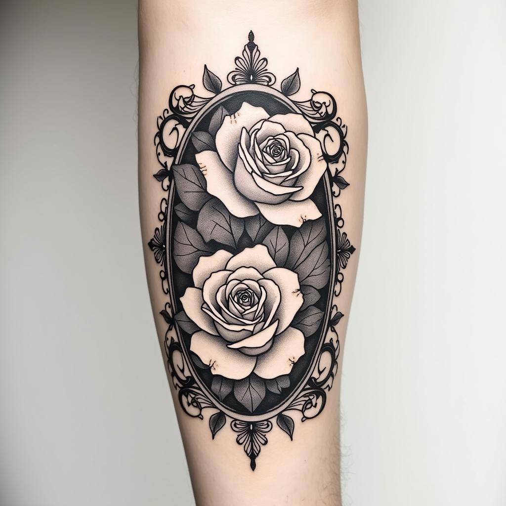 Tattoo of two roses, forearm, fine linein victorian style tattoo, featuring vintage and elegant elements, ornate frames, roses, antique, sepia-toned color scheme