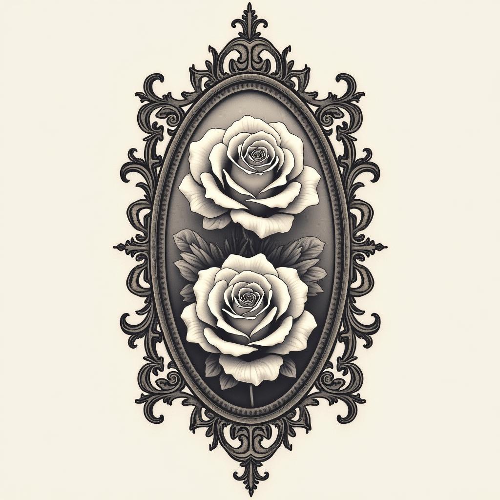 Tattoo of two roses, forearm, fine linein victorian style tattoo, featuring vintage and elegant elements, ornate frames, roses, antique, sepia-toned color scheme - Variation 4