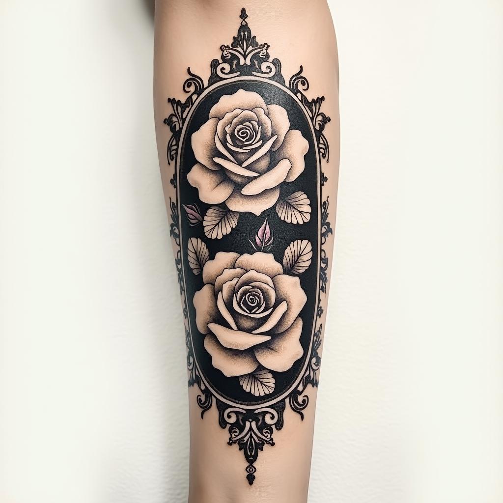 Tattoo of two roses, forearm, fine linein victorian style tattoo, featuring vintage and elegant elements, ornate frames, roses, antique, sepia-toned color scheme - Variation 2