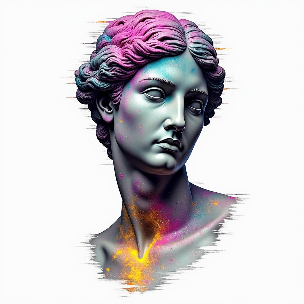 Galaxyin distorted and fragmented tattoo design, featuring a classical statue bust, in a glitch art style with vibrant, overlapping colors of cyan, magenta, and yellow, creating a digital distortion effect - Variation 4