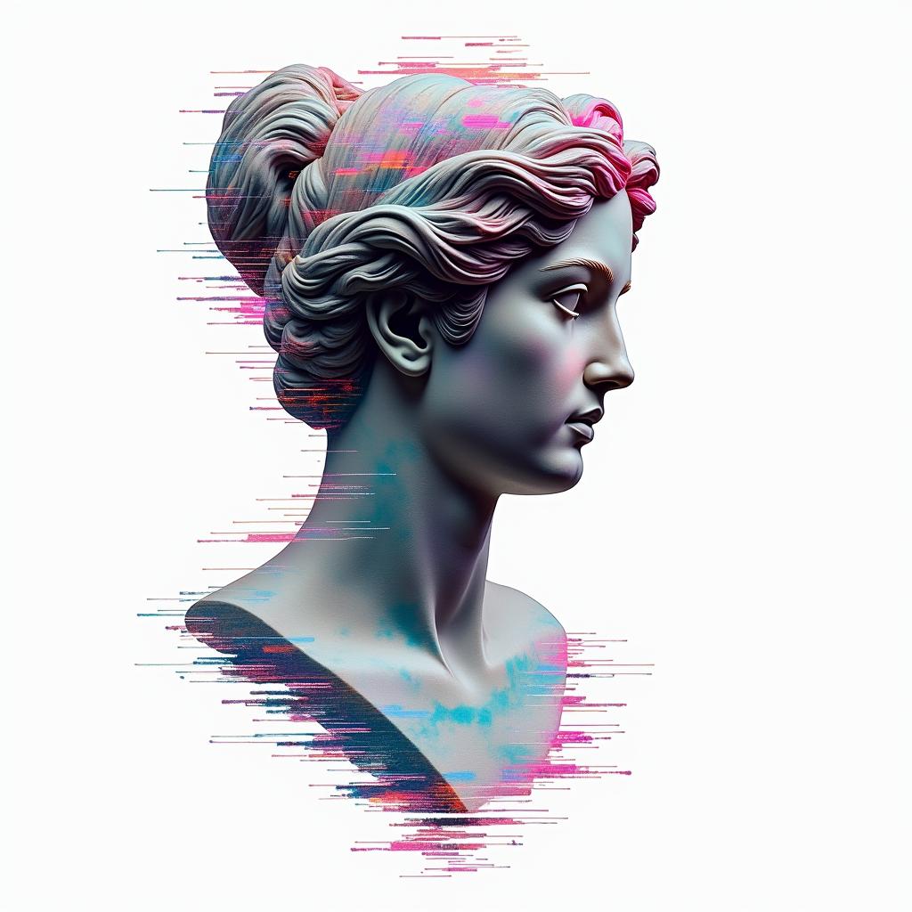 Galaxyin distorted and fragmented tattoo design, featuring a classical statue bust, in a glitch art style with vibrant, overlapping colors of cyan, magenta, and yellow, creating a digital distortion effect - Variation 2