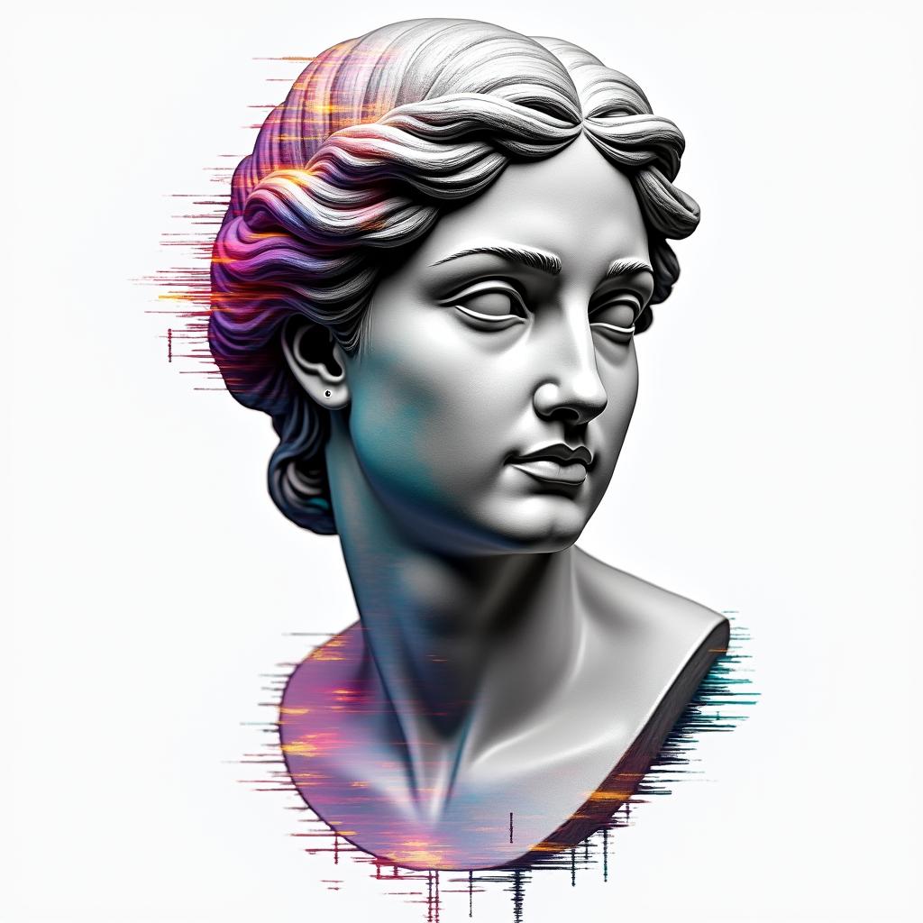 Galaxyin distorted and fragmented tattoo design, featuring a classical statue bust, in a glitch art style with vibrant, overlapping colors of cyan, magenta, and yellow, creating a digital distortion effect