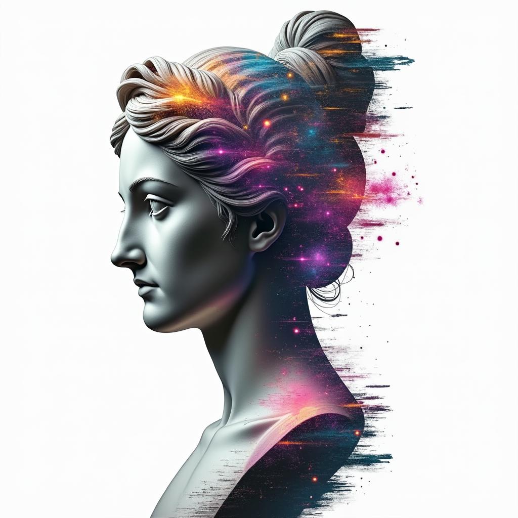 Galaxyin distorted and fragmented tattoo design, featuring a classical statue bust, in a glitch art style with vibrant, overlapping colors of cyan, magenta, and yellow, creating a digital distortion effect - Variation 3