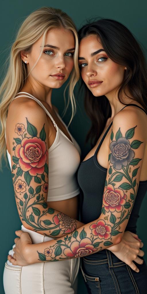Three girls, otherworldly, floral, two blonde, one brunettein new school tattoo, pop culture, modern, detailed tattoo, illustrative - Variation 4