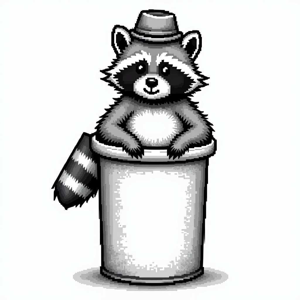 Raccoon with a hat in a trash can. Line and shadow style only.in 8-bit tattoo style, minimalistic pixel style tattoo, pixel art with simplified shapes and retro gaming visuals, inspired by 8-bit pixel based detailing - Variation 8