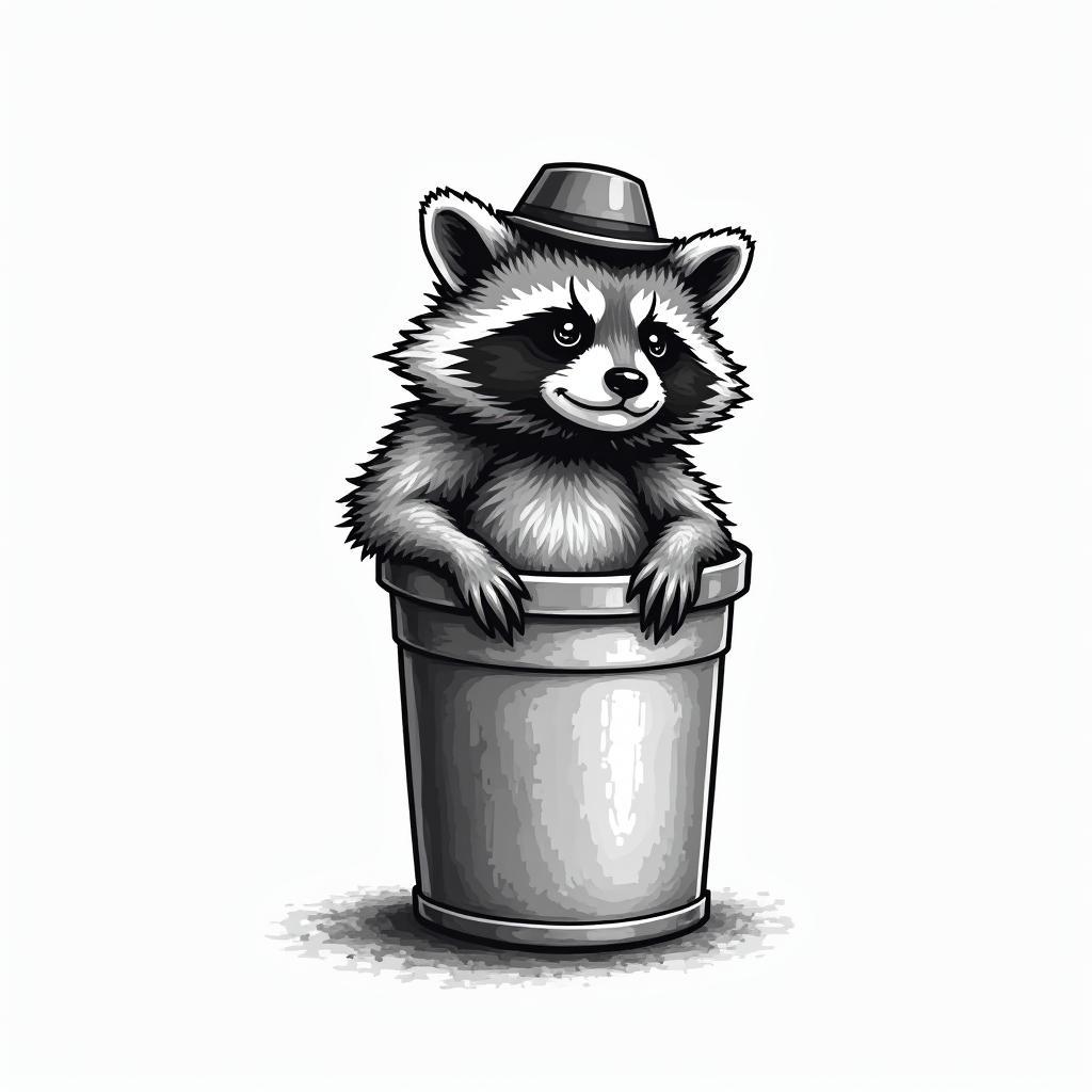 Raccoon with a hat in a trash can. Line and shadow style only.in 8-bit tattoo style, minimalistic pixel style tattoo, pixel art with simplified shapes and retro gaming visuals, inspired by 8-bit pixel based detailing - Variation 7