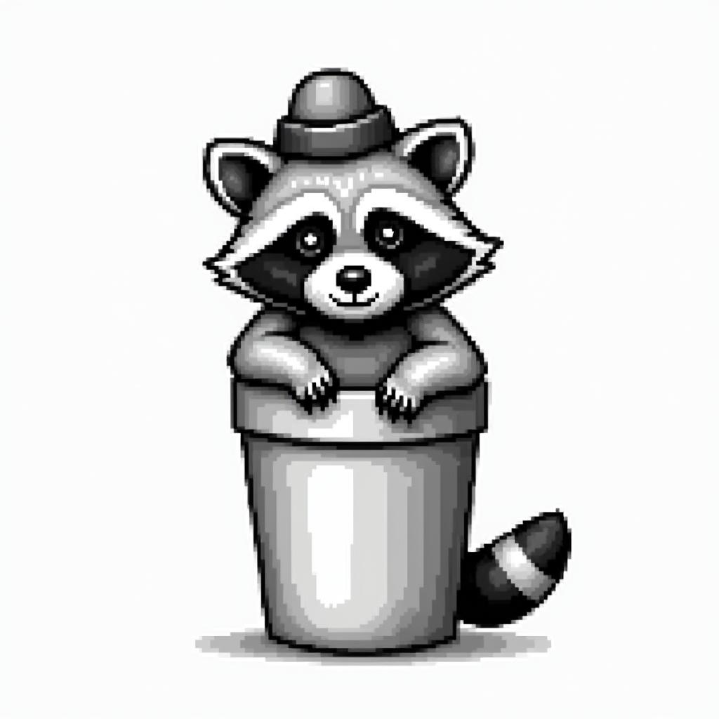 Raccoon with a hat in a trash can. Line and shadow style only.in 8-bit tattoo style, minimalistic pixel style tattoo, pixel art with simplified shapes and retro gaming visuals, inspired by 8-bit pixel based detailing - Variation 5