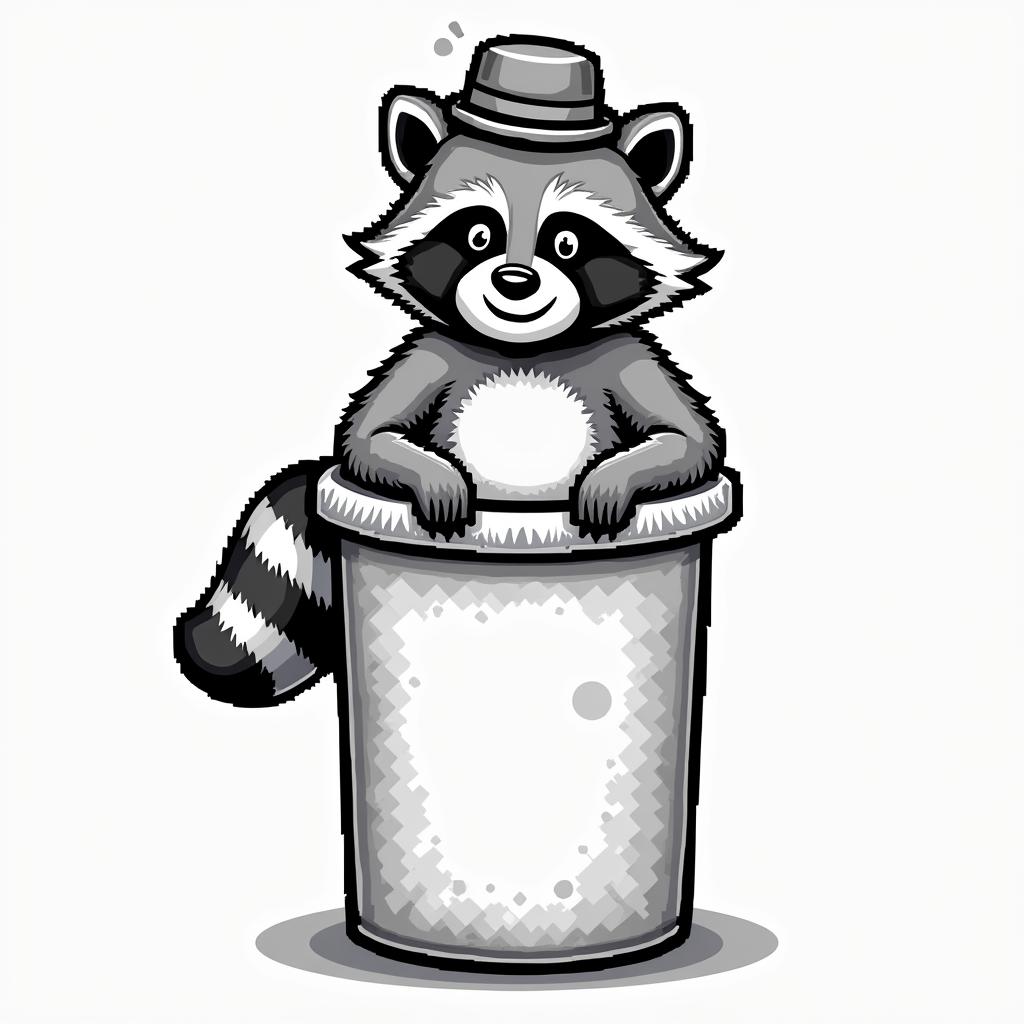 Raccoon with a hat in a trash can. Line and shadow style only.in 8-bit tattoo style, minimalistic pixel style tattoo, pixel art with simplified shapes and retro gaming visuals, inspired by 8-bit pixel based detailing - Variation 4