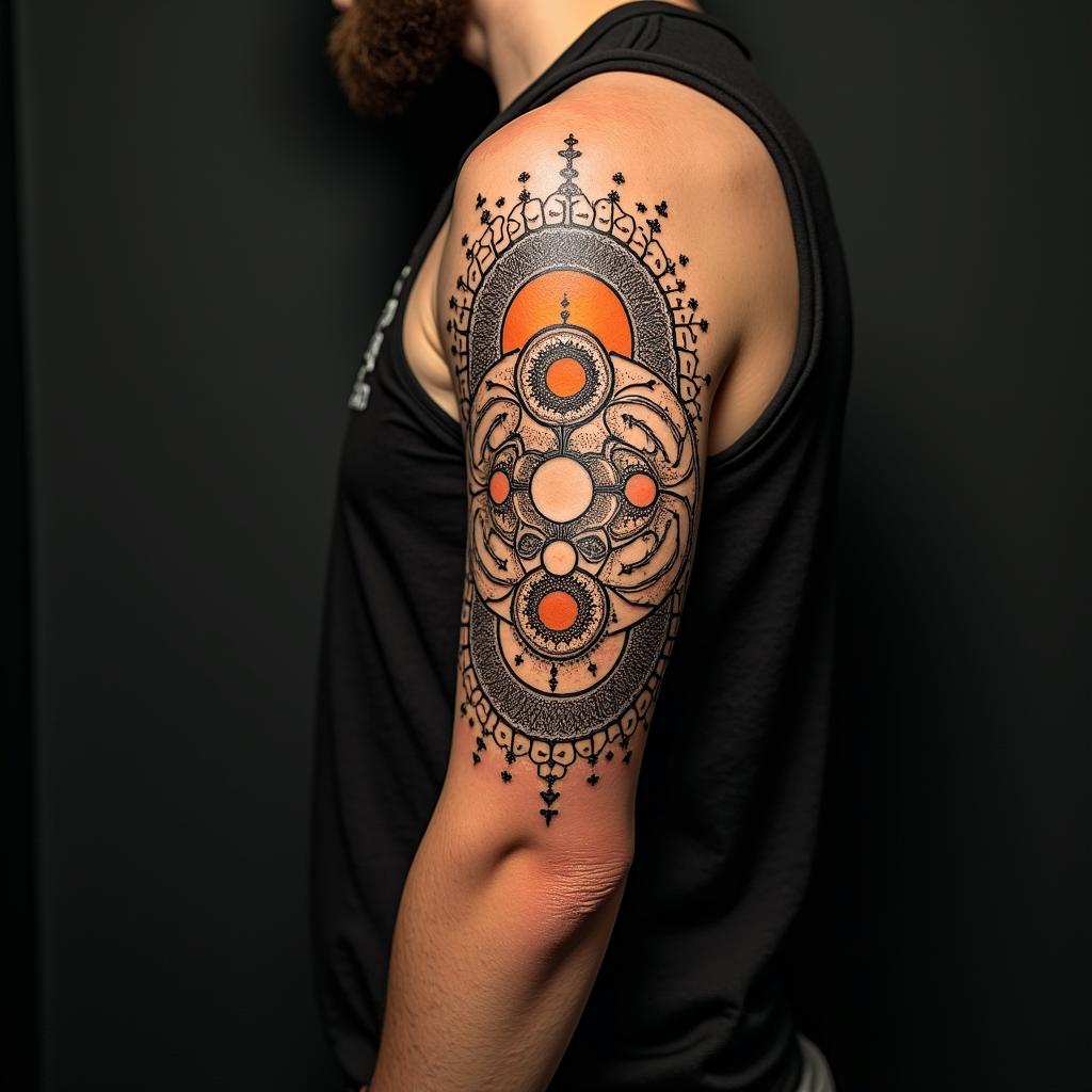 Sun and moon intertwined, glowingin dotwork style tattoo, complex mandala patterns, interlocking geometric shapes with sharp symmetry, clean lines, sharp angles - Variation 6