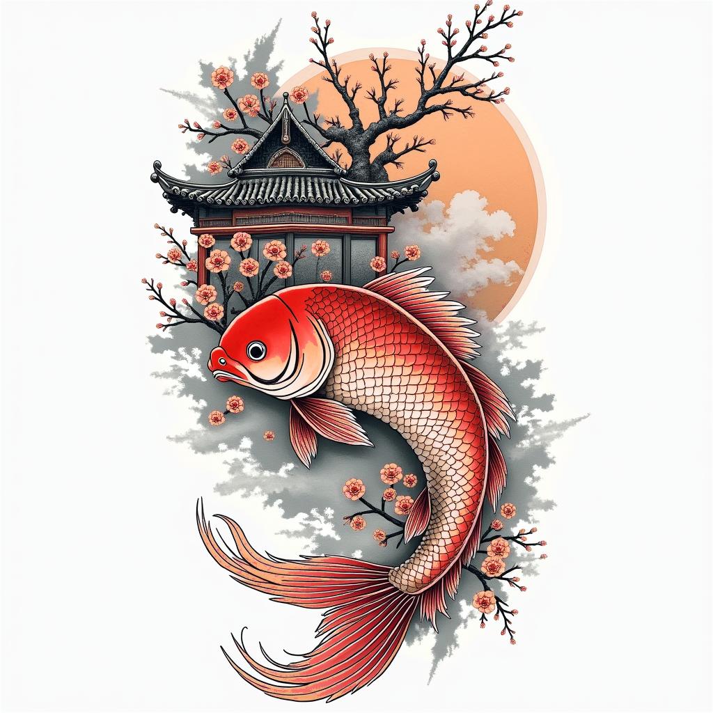 Irezumi style tattoo with a red koy fish,hannya mask, Japanese castle, pink flowersin japanese style tattoo, detailed tattoo, traditional japanese culture tattoo, mythology, 8k - Variation 2