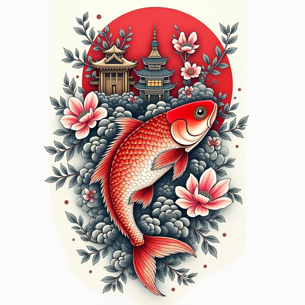 Irezumi style tattoo with a red koy fish,hannya mask, Japanese castle, pink flowersin japanese style tattoo, detailed tattoo, traditional japanese culture tattoo, mythology, 8k - Variation 3