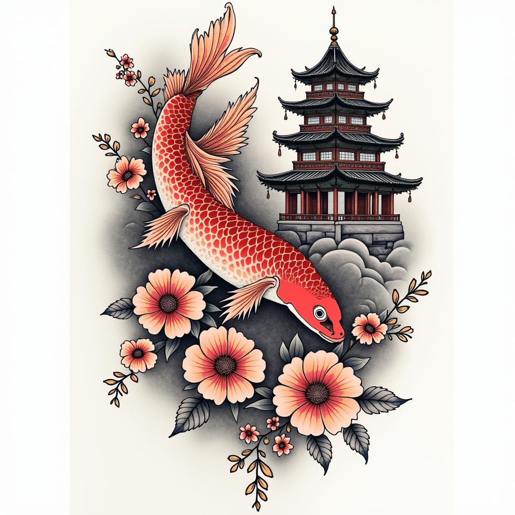 Irezumi style tattoo with a red koy fish,hannya mask, Japanese castle, pink flowersin japanese style tattoo, detailed tattoo, traditional japanese culture tattoo, mythology, 8k - Variation 4