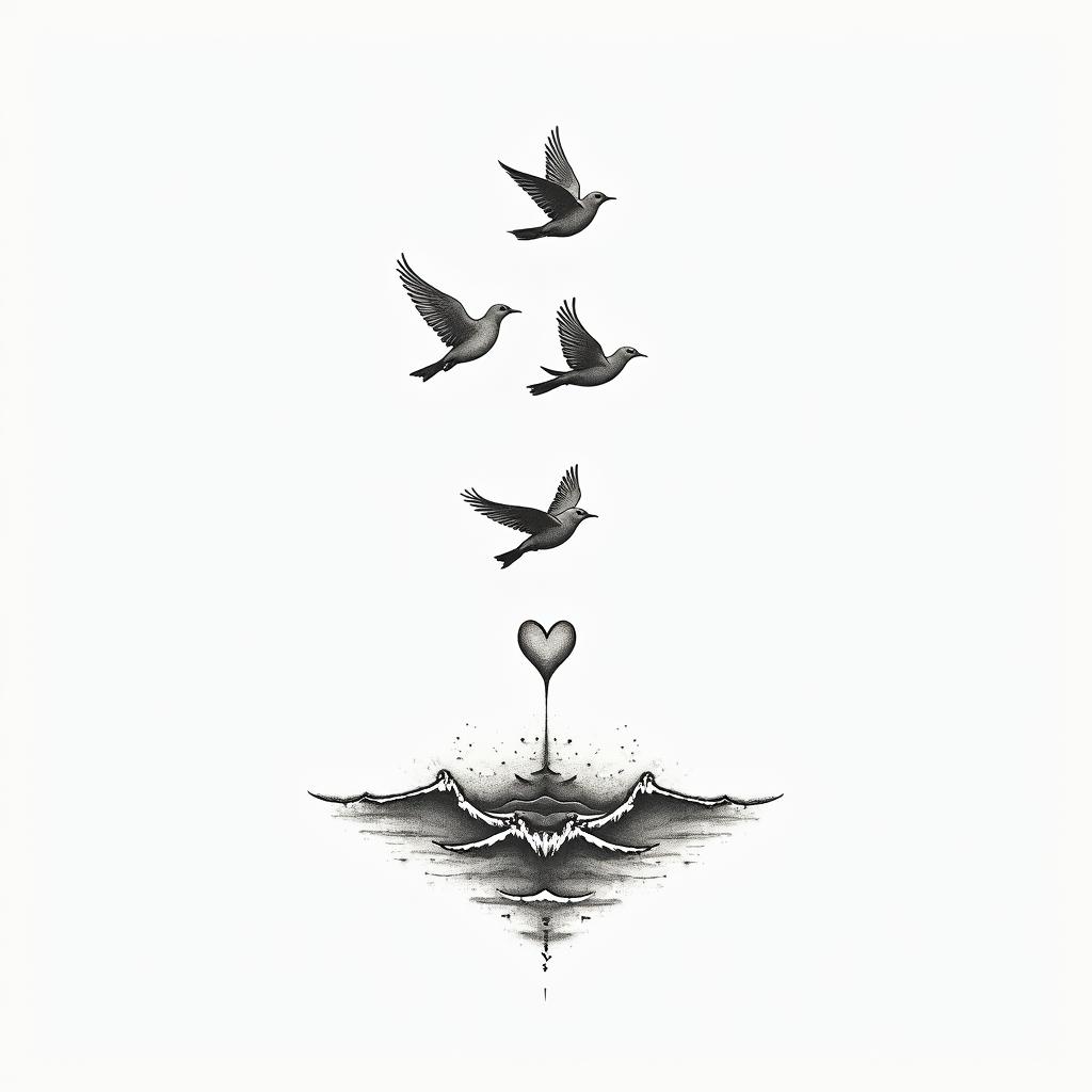 “It’s a leap of faith” with birds flyingin Modest style tattoo, featuring soft, delicate line work with simple and meaningful symbols, gentle waves, a heart, evoking a sense of serenity and grace, - Variation 3