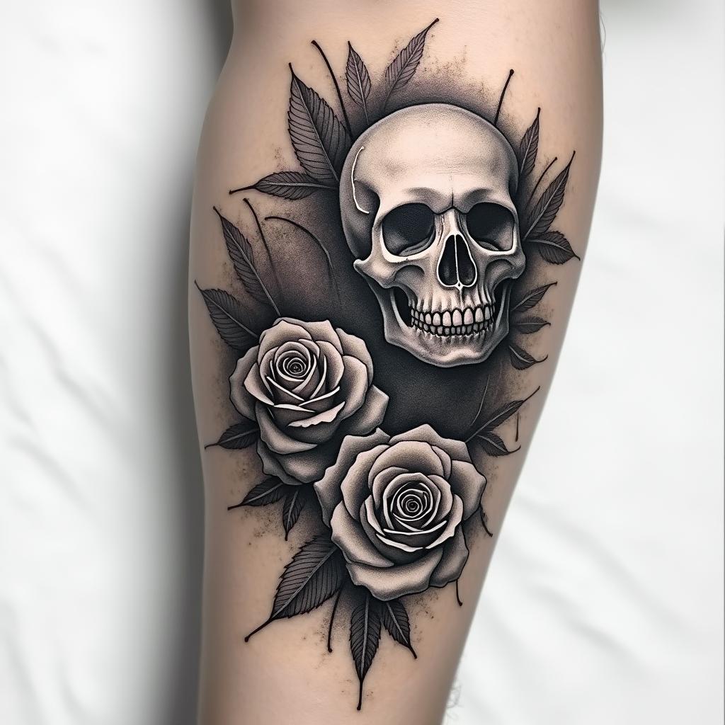 Realistic two roses tattoo, forearm, fine line in horror tattoo style, showcasing haunting and unsettling, dark and gritty textures with skulls, eerie faces, jgged designs, bold and intense shading - Variation 3
