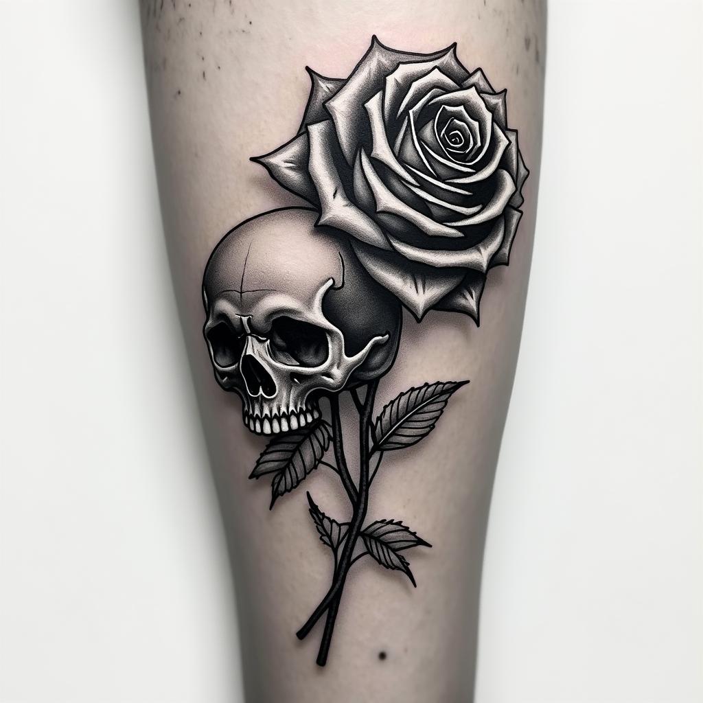 Realistic two roses tattoo, forearm, fine line in horror tattoo style, showcasing haunting and unsettling, dark and gritty textures with skulls, eerie faces, jgged designs, bold and intense shading