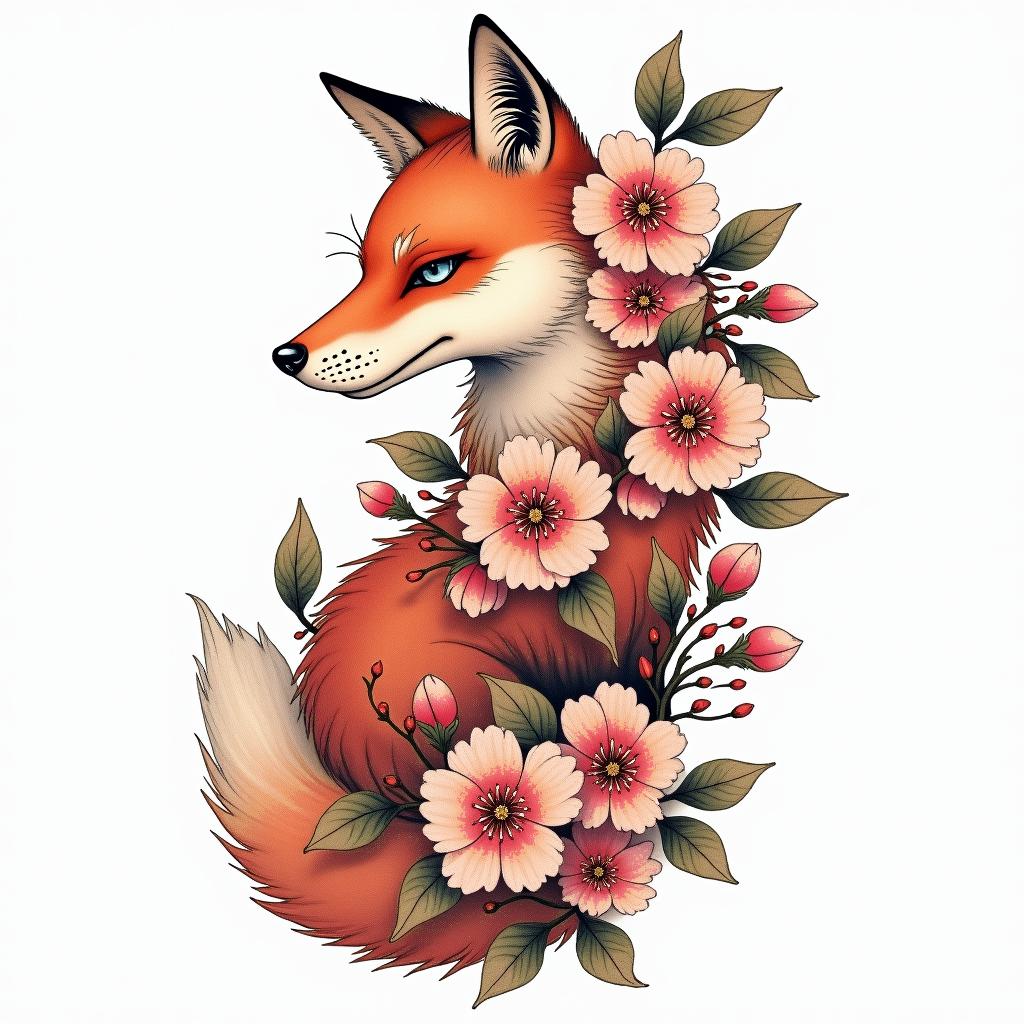 Cherry blossoms wrapped around a fox.in japanese style tattoo, detailed tattoo, traditional japanese culture tattoo, mythology, 8k - Variation 3