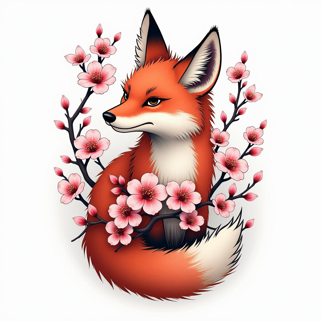 Cherry blossoms wrapped around a fox.in japanese style tattoo, detailed tattoo, traditional japanese culture tattoo, mythology, 8k - Variation 2