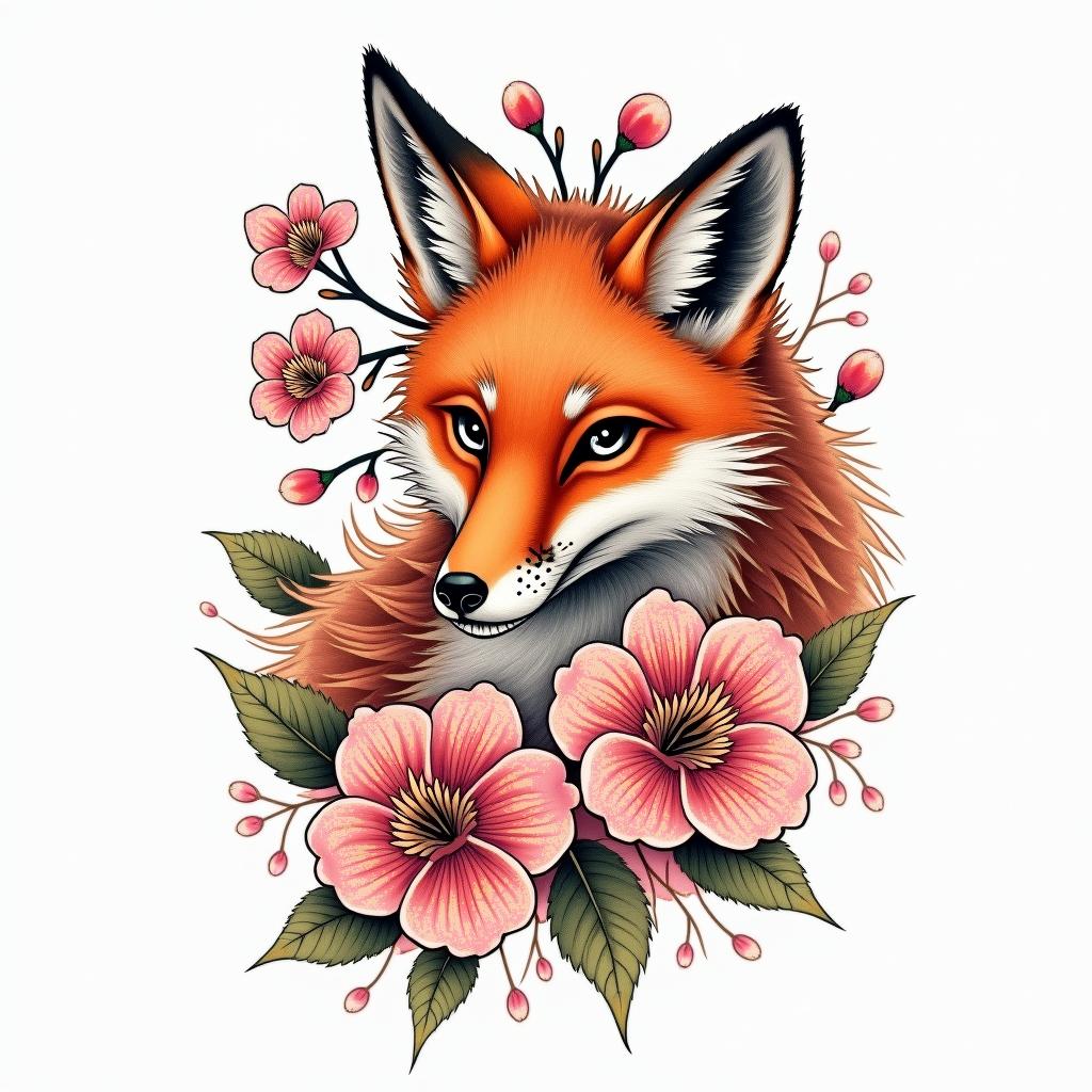 Cherry blossoms wrapped around a fox.in japanese style tattoo, detailed tattoo, traditional japanese culture tattoo, mythology, 8k - Variation 4