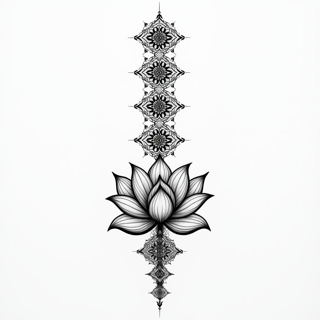 The 7 chakra symbols vertically placed above a simple lotus flower.in dotwork style tattoo, complex mandala patterns, interlocking geometric shapes with sharp symmetry, clean lines, sharp angles - Variation 3