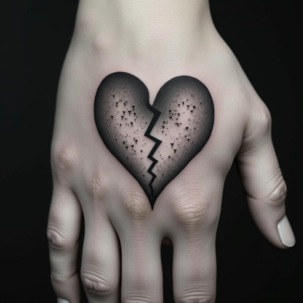Broken heartin minimalist style tattoo, featuring simple shapes and fine lines, with minimal shading and details, tiny triangles, creating a sense of balance and harmony - Variation 4