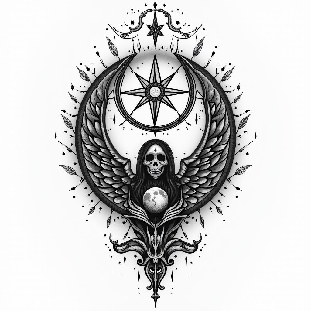 Smile now cry laterin paganic style tattoo, featuring ancient symbols, add vegvisir symbol, mystical figures, incorporating designs, pentagrams, runes, crescent moons, - Variation 4