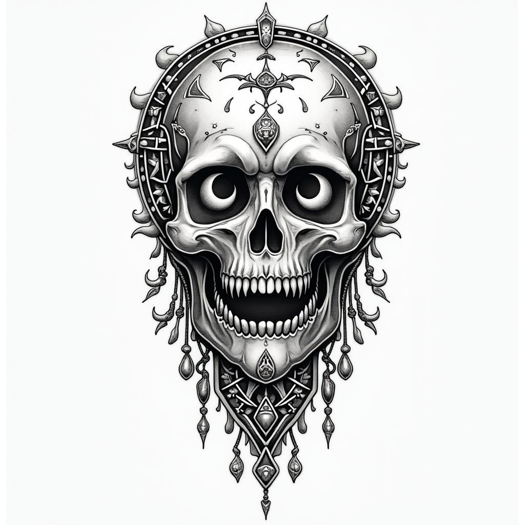Smile now cry laterin paganic style tattoo, featuring ancient symbols, add vegvisir symbol, mystical figures, incorporating designs, pentagrams, runes, crescent moons, - Variation 2