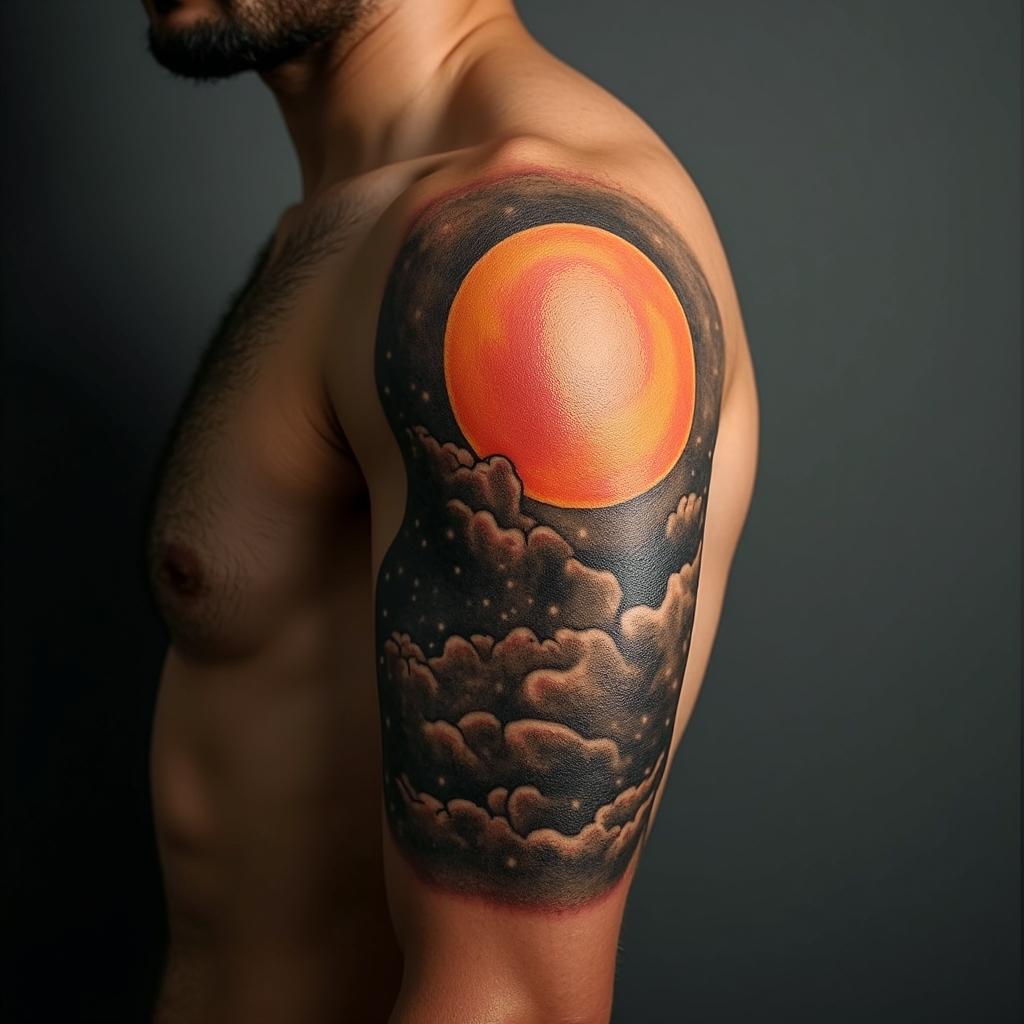 Sun and moon intertwined, glowingin realism tattoo style, featuring a highly detailed, lifelike, capturing every detail, photorealistic, ultra realistic, intricate shading, smooth and sharp, - Variation 5