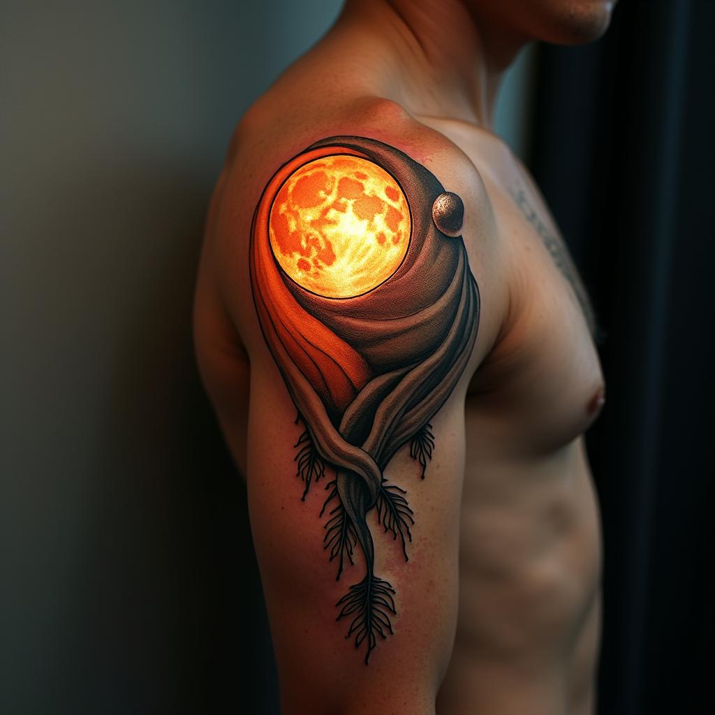 Sun and moon intertwined, glowingin realism tattoo style, featuring a highly detailed, lifelike, capturing every detail, photorealistic, ultra realistic, intricate shading, smooth and sharp, - Variation 6