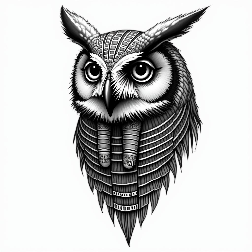 Owlin egyptian style tattoo, bold elements of ancient egyptian culture including a portrait of an Egyptian pharaoh with detailed facial features, in hieroglyphs and symbolic imagery, eye of horus, ankh symbol, scarab beetle