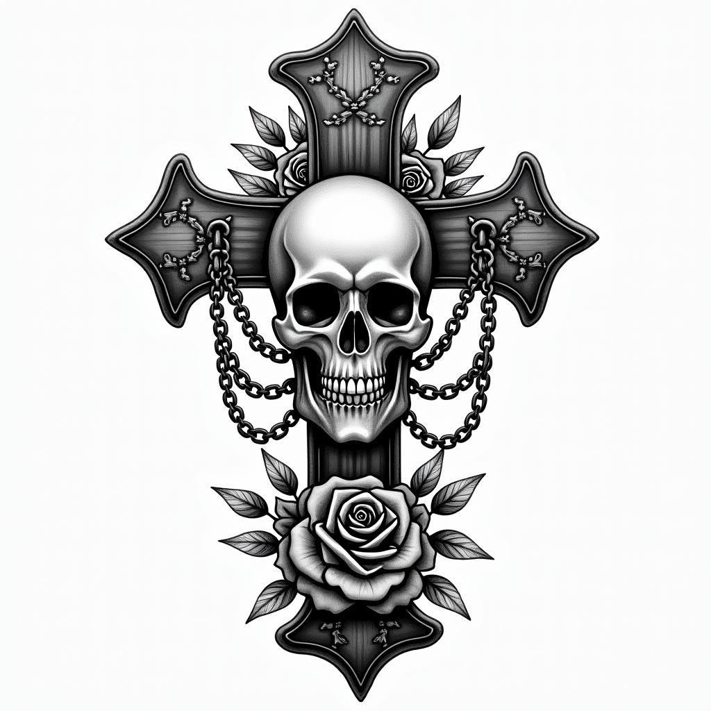 Smile now cry laterin chicano style tattoo, featuring intricate black and grey shading, bold elements of traditional chicano culture symbols, add a big cross with skull, chains and roses - Variation 6