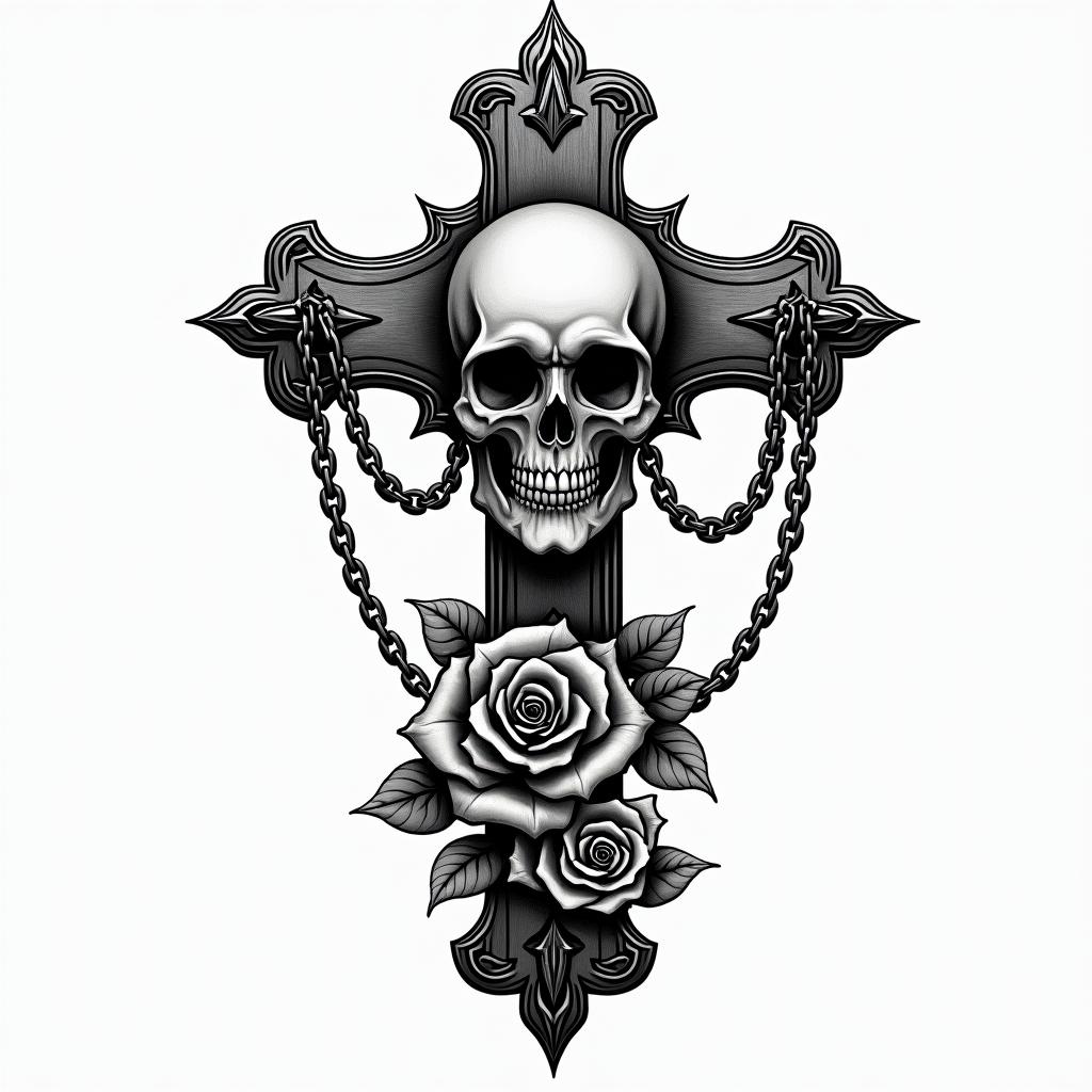 Smile now cry laterin chicano style tattoo, featuring intricate black and grey shading, bold elements of traditional chicano culture symbols, add a big cross with skull, chains and roses - Variation 7