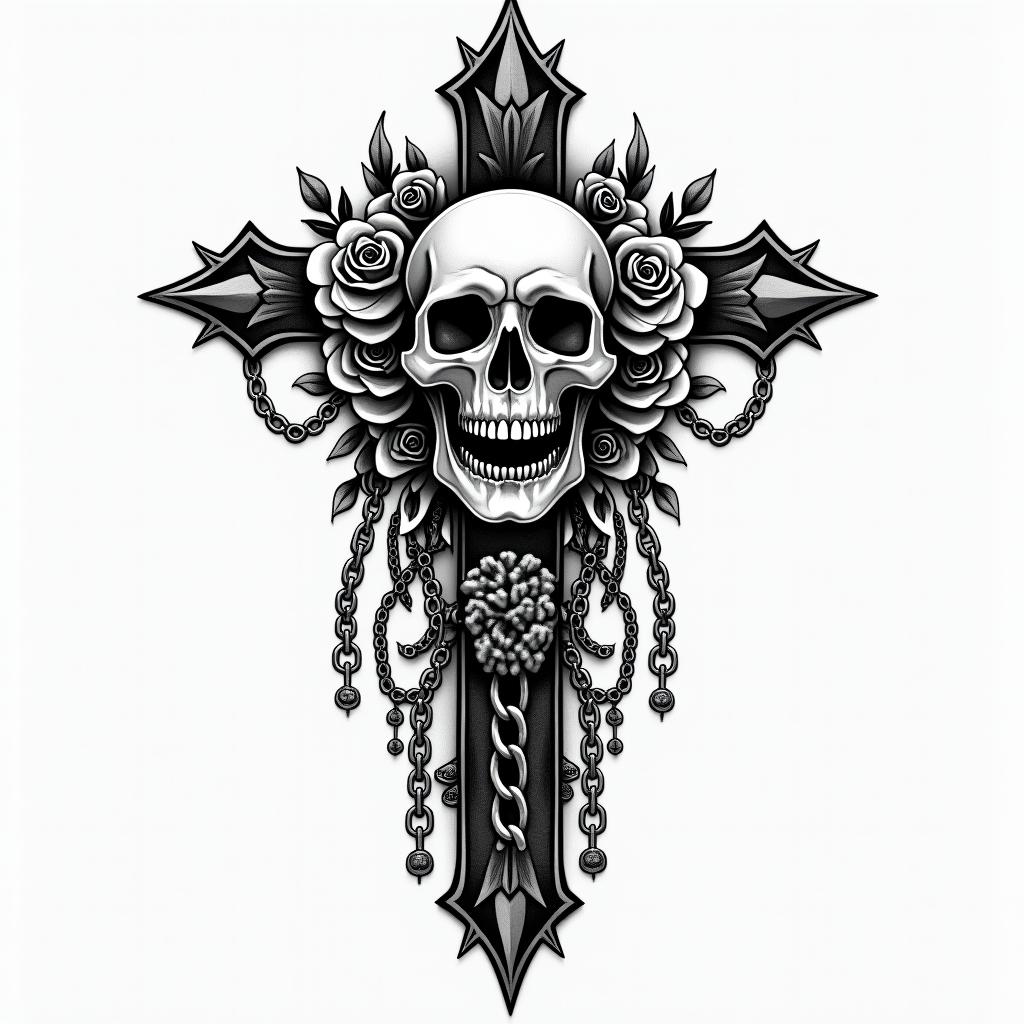 Smile now cry laterin chicano style tattoo, featuring intricate black and grey shading, bold elements of traditional chicano culture symbols, add a big cross with skull, chains and roses - Variation 8