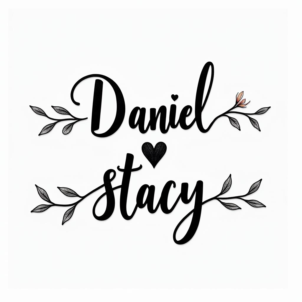 Daniel, Stacyin elegant cursive calligraphy style 2d tattoo, decorate with roses, featuring a smooth and flowing handwritten script with slightly thickened strokes for a luxurious and bold appearance, heart symbol between names, sleek and glossy black text with shadowing, minimalist matte white background, clean and sharp edges, illuminated with soft lighting, romantic, 8k, high-quality textures with refined typography - Variation 5