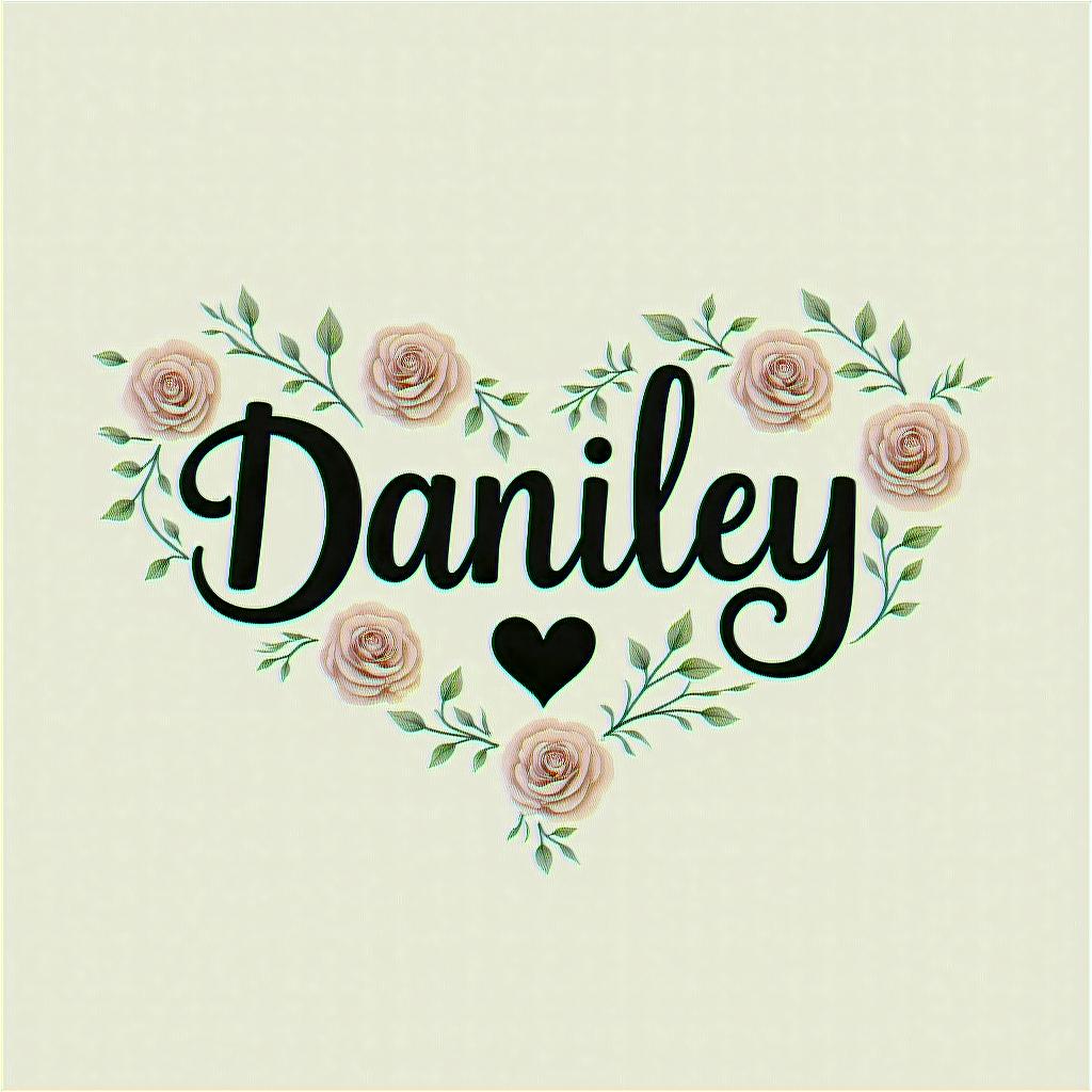 Daniel, Stacyin elegant cursive calligraphy style 2d tattoo, decorate with roses, featuring a smooth and flowing handwritten script with slightly thickened strokes for a luxurious and bold appearance, heart symbol between names, sleek and glossy black text with shadowing, minimalist matte white background, clean and sharp edges, illuminated with soft lighting, romantic, 8k, high-quality textures with refined typography - Variation 8