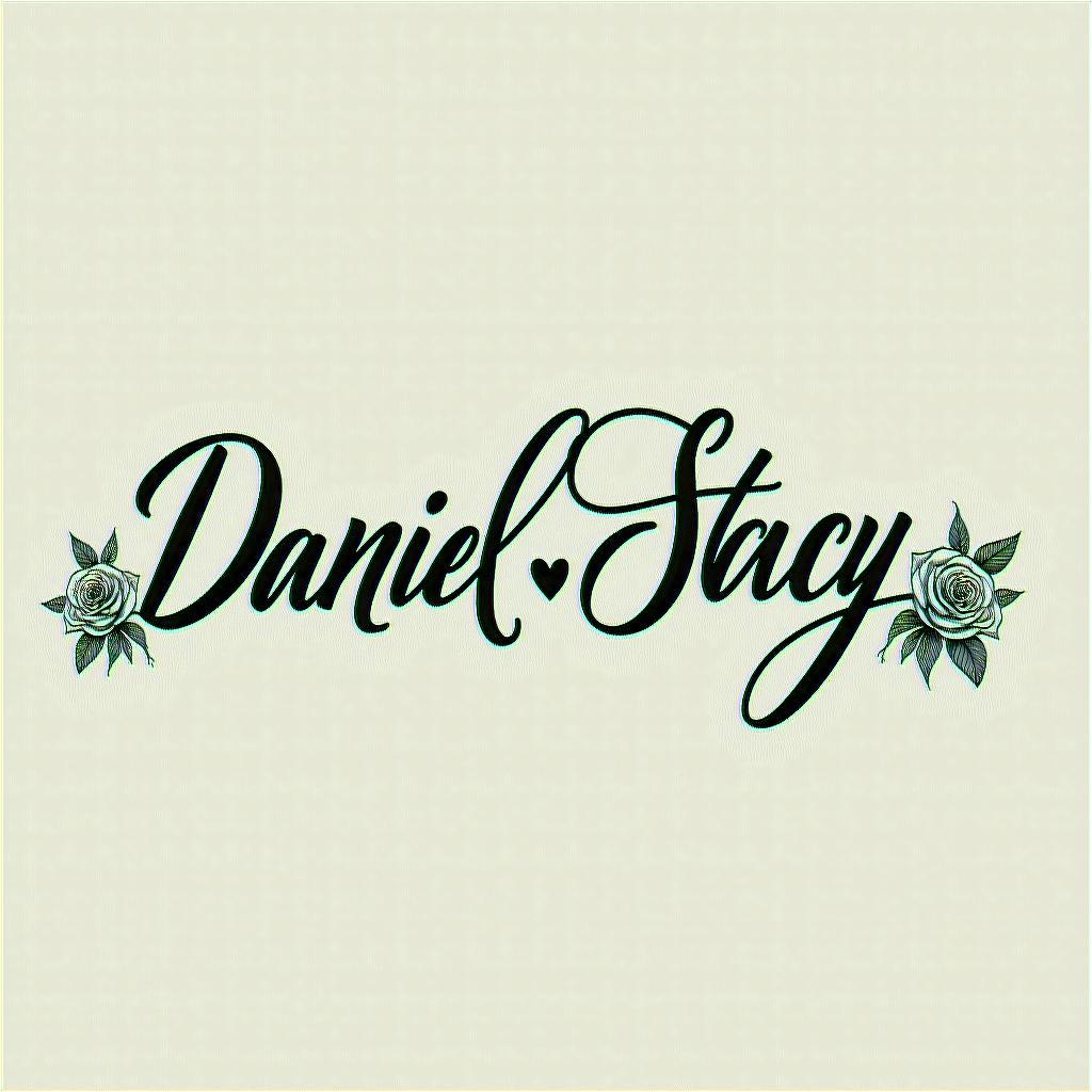 Daniel, Stacyin elegant cursive calligraphy style 2d tattoo, decorate with roses, featuring a smooth and flowing handwritten script with slightly thickened strokes for a luxurious and bold appearance, heart symbol between names, sleek and glossy black text with shadowing, minimalist matte white background, clean and sharp edges, illuminated with soft lighting, romantic, 8k, high-quality textures with refined typography - Variation 7